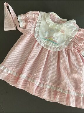 Vintage Pink Seersucker Baby Dress with Embroidered Bib